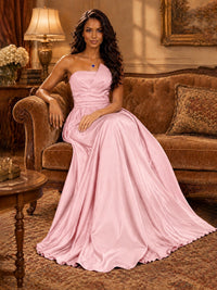 Draped Satin Prom Dress Strapless A-line Formal Dress Floor Length