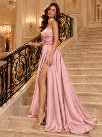 Strapless Prom Dress Side High Slit A-line Formal Dress with Scarf