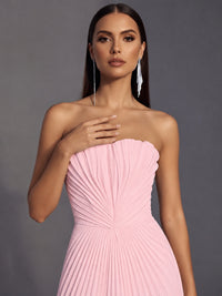 Strapless A-line Long Pleated Satin Prom Dress