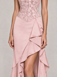 Strapless Lace Appliques Corset Satin Prom Dress Ruffle Slit Evening Gown