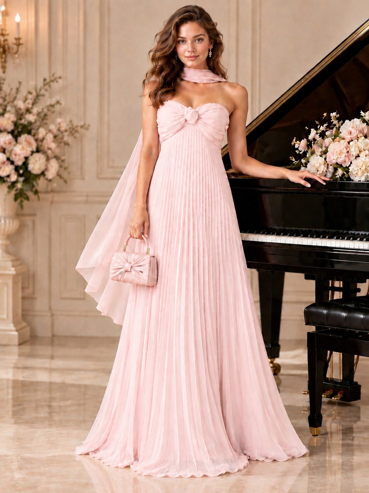 Sweetheart Neckline Pleated Prom Dress Strapless A-line Formal Dress with Flowy Scarf