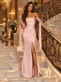 Off The Shuolder Satin Prom Dress Slit Mermaid Formal Gowns