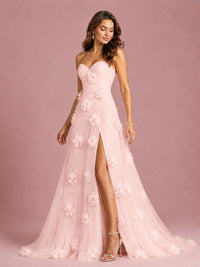 3D Floral Applique Strapless Tulle Prom Dress with High Slit