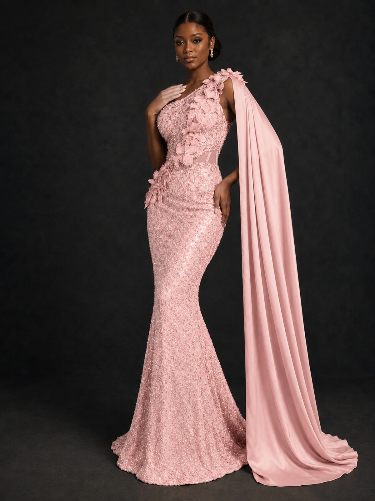 Gold Sequin One Shoulder Mermaid Prom Dress with Cape