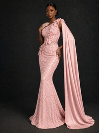 Gold Sequin One Shoulder Mermaid Prom Dress with Cape