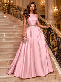 Satin A-Line Prom Dress Sleeveless Beaded Waist Formal Gown with Pockets
