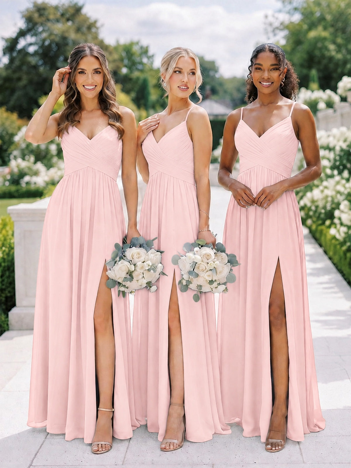 V-Neck Pleated Chiffon Long Bridesmaid Dress with Slit
