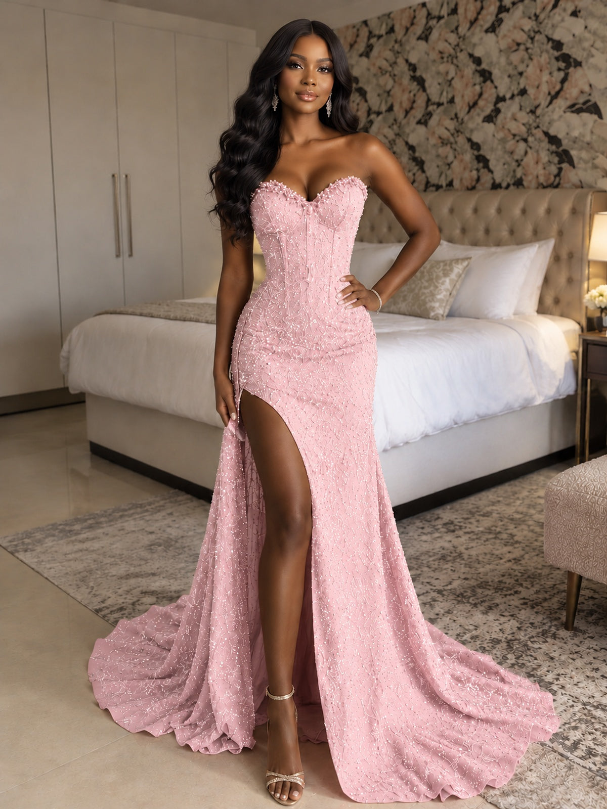 Beaded Sequin Prom Dress Strapless Formal Gowns with High Slit Train