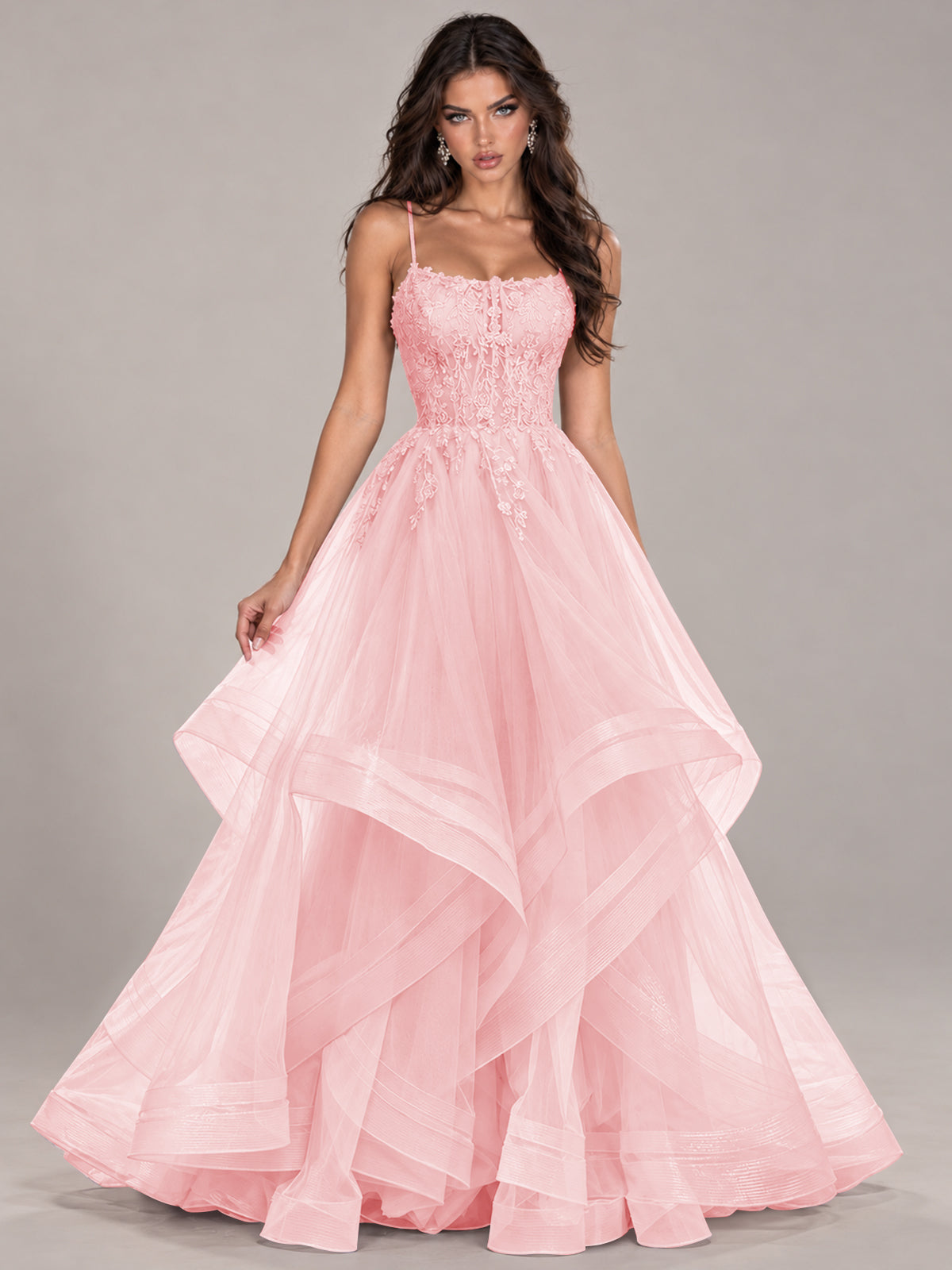 Lace Corset Ball Gown Prom Dress with Cascading Tulle Ruffles
