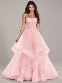 Lace Corset Ball Gown Prom Dress with Cascading Tulle Ruffles