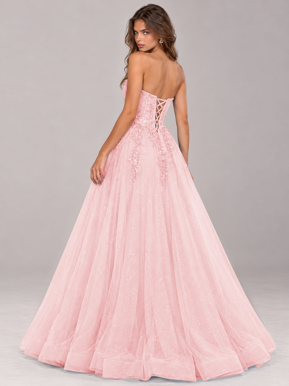 Strapless Sweetheart Beaded Corset Glitter Tulle Ball Gown Prom Dress