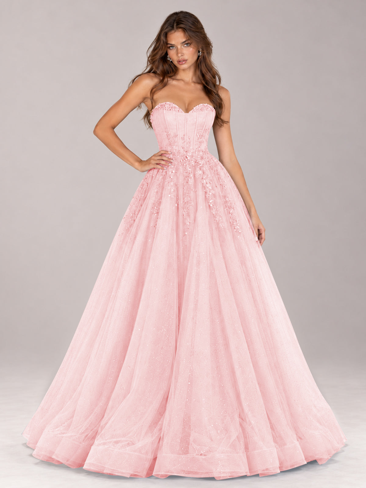 Strapless Sweetheart Beaded Corset Glitter Tulle Ball Gown Prom Dress