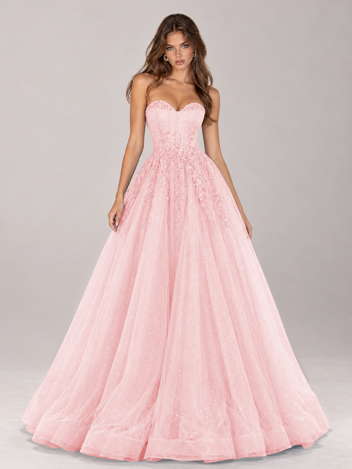 Strapless Sweetheart Beaded Corset Glitter Tulle Ball Gown Prom Dress