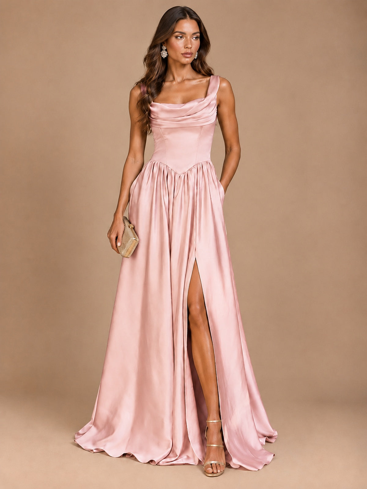 Cowl Neck Pleated Satin Prom Dress with Pockets & Slit Maxi Formal Gowns
