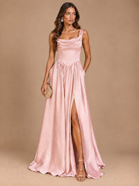 Cowl Neck Pleated Satin Prom Dress with Pockets & Slit Maxi Formal Gowns