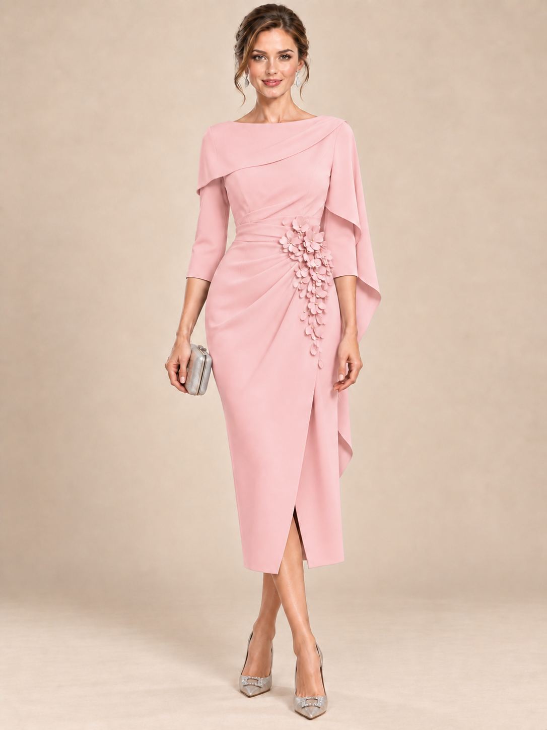 Light Blue Cape Sleeve Mother of the Bride Midi Dress with Floral Applique
