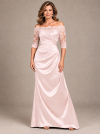 Navy Blue Satin Mother of the Bride Dress with Lace Sleeves Off Shoulder Formal Gown