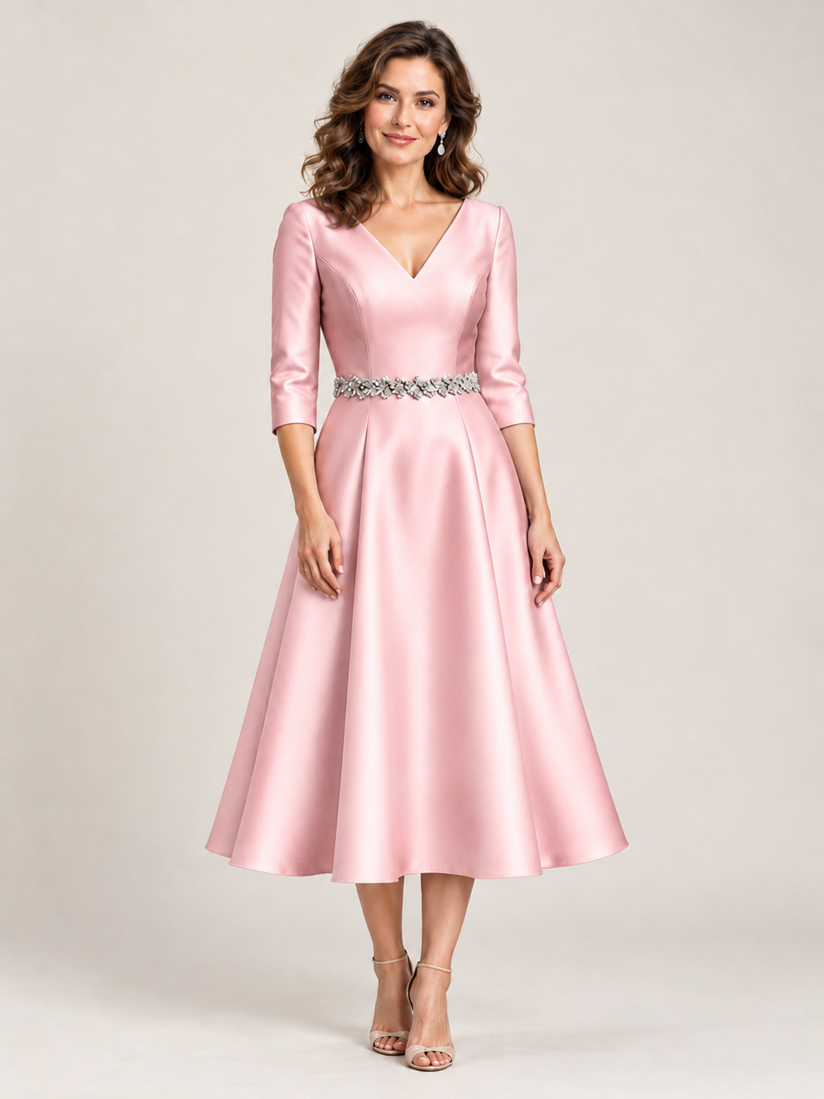 Light Blue V-Neck Tea-Length Mother of the Bride Dress with Embellished Waist