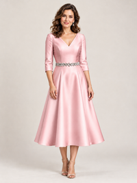 Light Blue V-Neck Tea-Length Mother of the Bride Dress with Embellished Waist