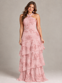 Hot Pink Halter Floral Applique Maxi Dress