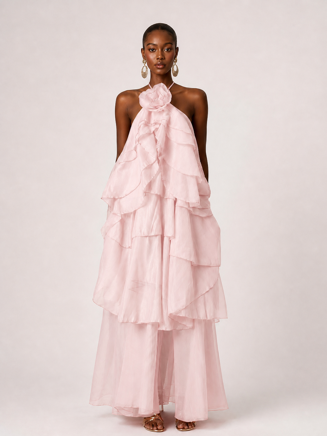Orange Chiffon Halter Ruffle Maxi Dress with 3D Flower