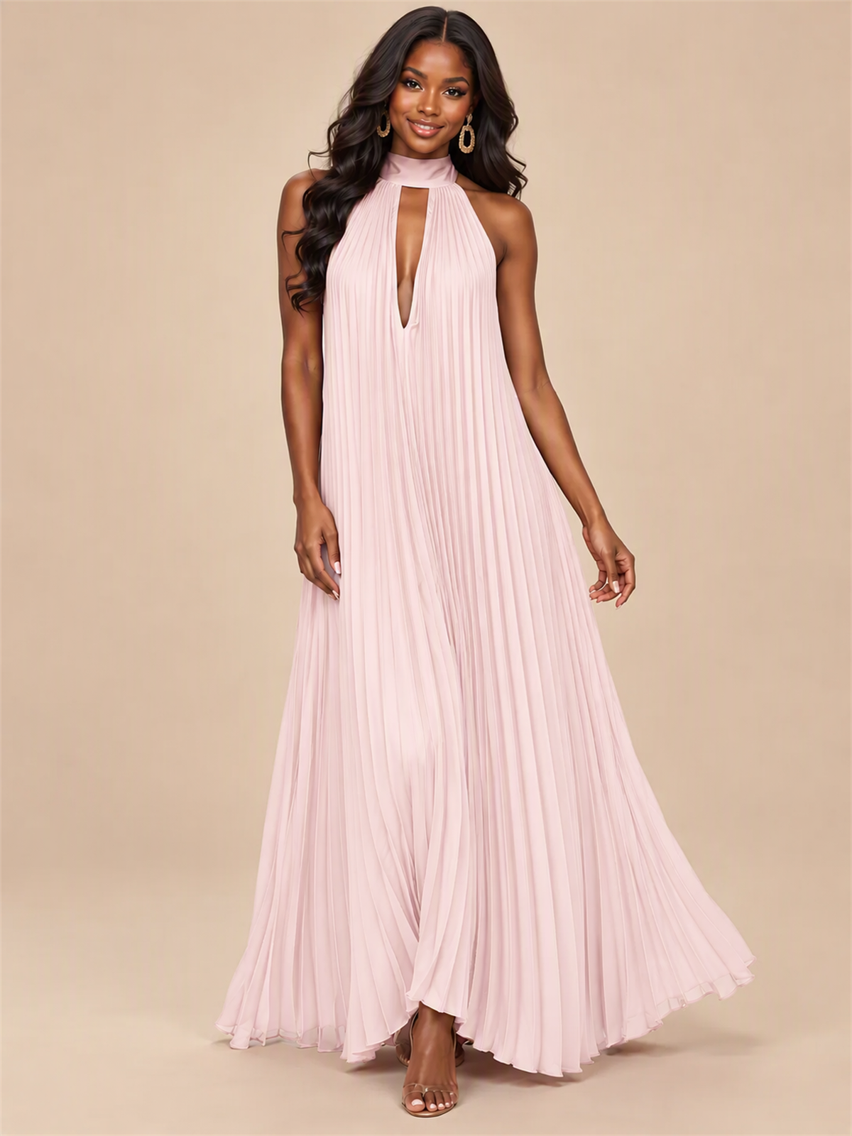 Rust Orange Pleated Halter Neck Maxi Dress