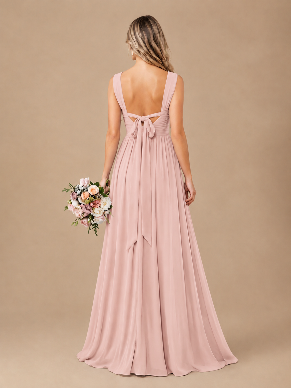 Pleated Chiffon V Neck Wedding Bridesmaid Dresses Floor Length with Slit