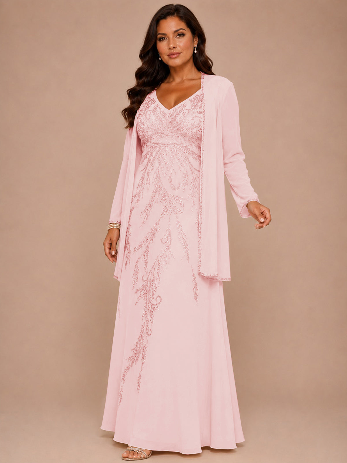 Champagne Beaded Chiffon Mother of the Bride Dress with Jacket V-Neck Gown