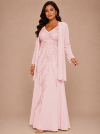 Champagne Beaded Chiffon Mother of the Bride Dress with Jacket V-Neck Gown