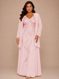 Champagne Beaded Chiffon Mother of the Bride Dress with Jacket V-Neck Gown