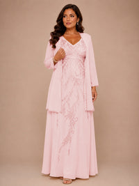 Champagne Beaded Chiffon Mother of the Bride Dress with Jacket V-Neck Gown