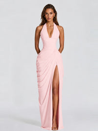 Ruched Halter Neck High-Slit Prom & Evening Dress