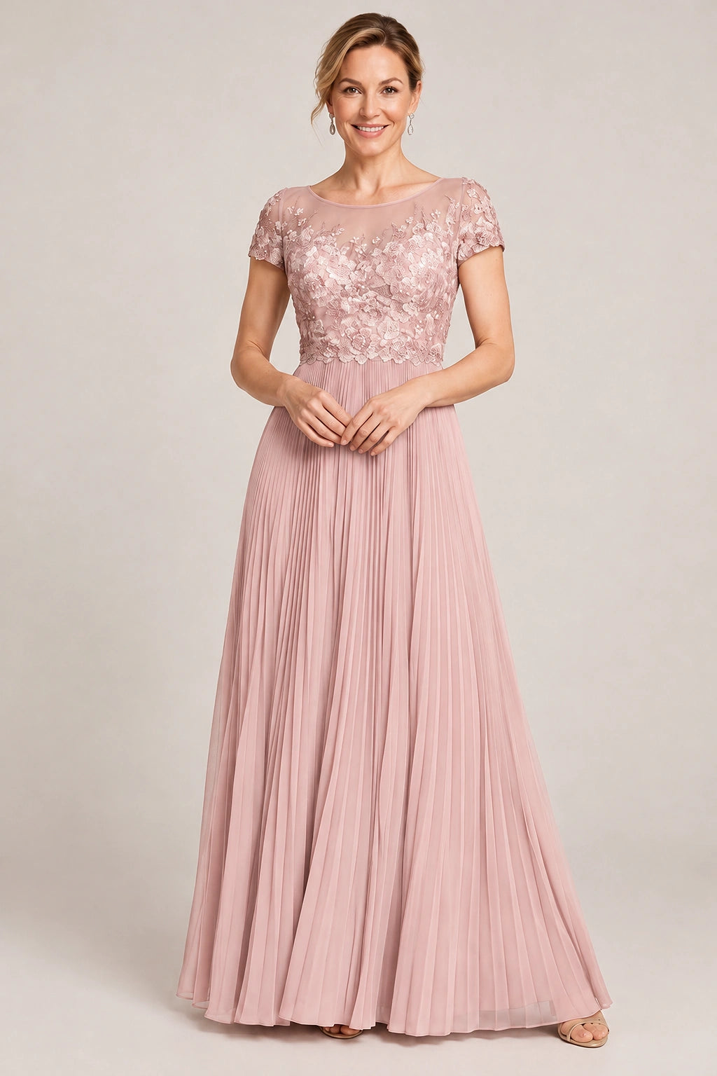 Embroidered Lace Pleated Mother of the Bride Dress