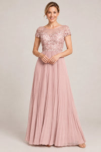 Embroidered Lace Pleated Mother of the Bride Dress