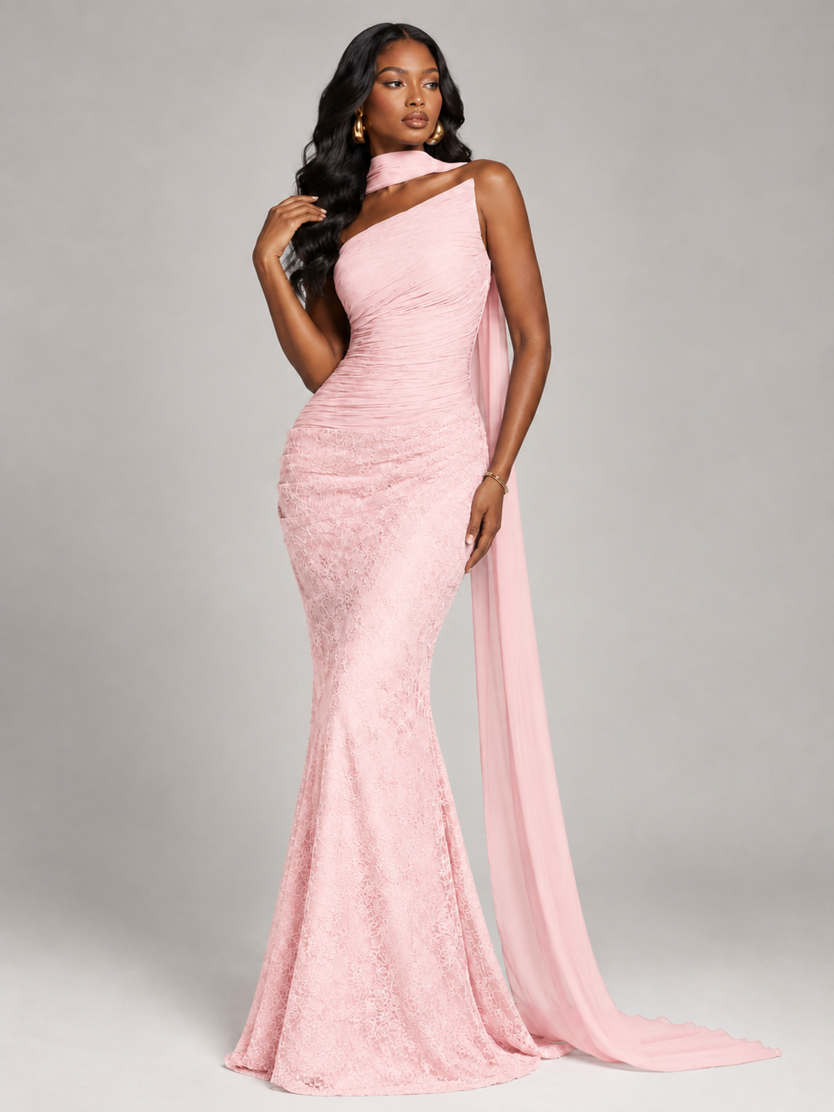 Pleated Chiffon Lace Prom Dresses Long Bodycon Mermaid with Scarf