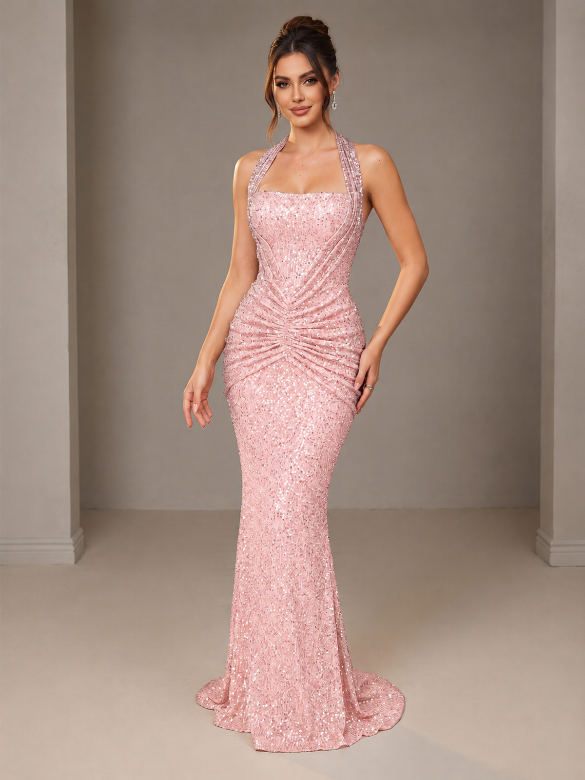 Blush Pink Halter Sequin Mermiad Ruched Prom Dress Long Ruched Eveing Gown