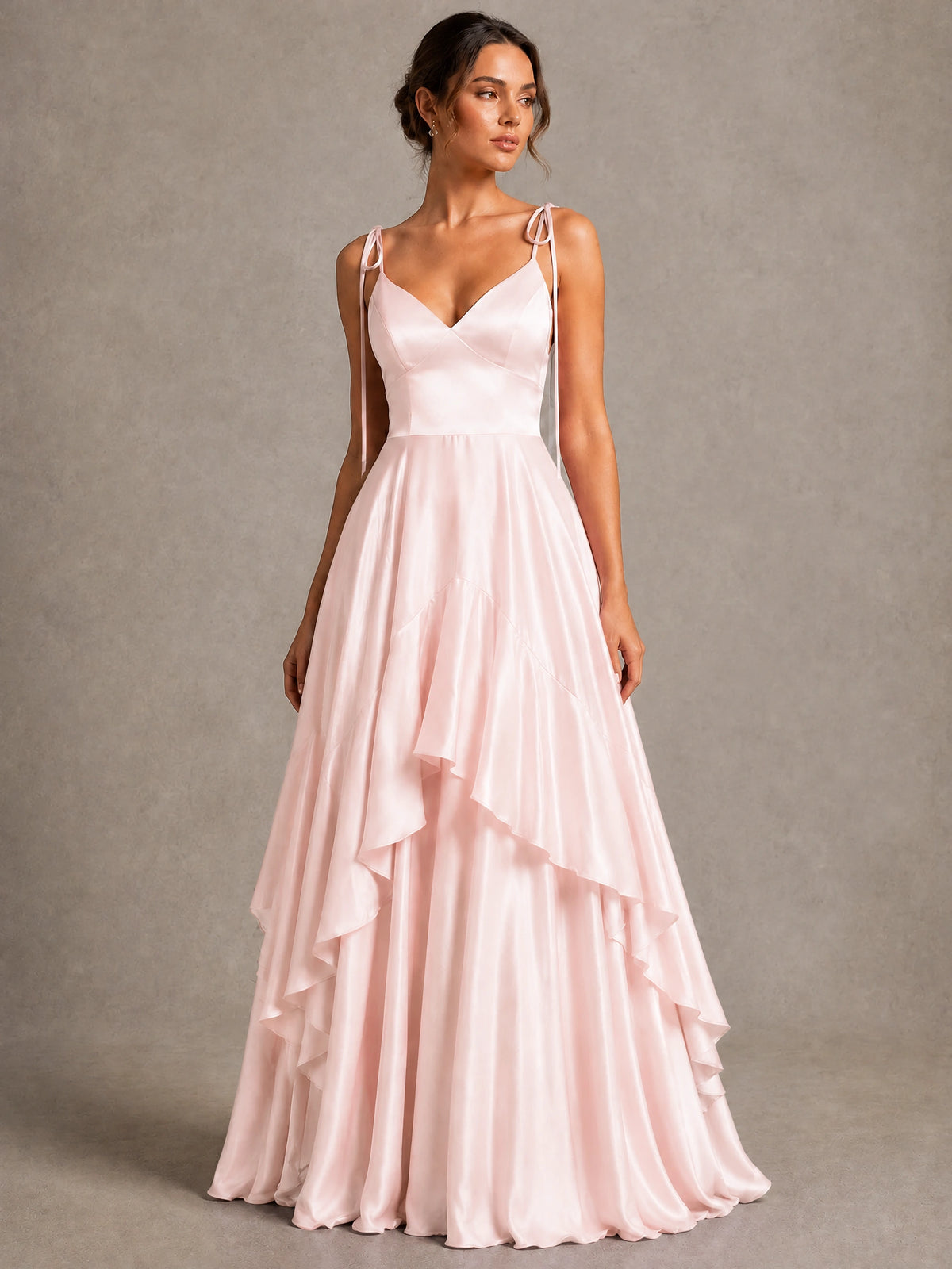 Lavender Satin V-Neck Ruffle Maxi Dress