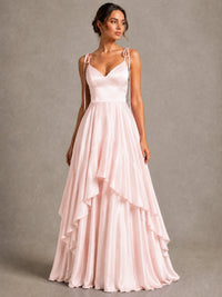 Lavender Satin V-Neck Ruffle Maxi Dress