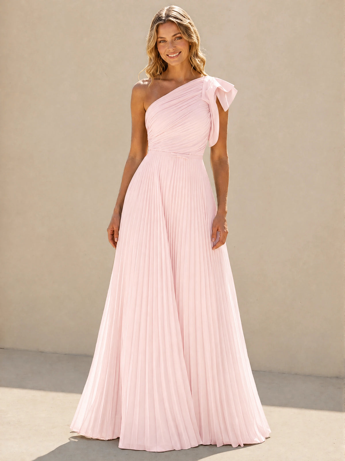 One Shoulder Pleated Chiffon A-Line Floor-Length Bridesmaid Dress