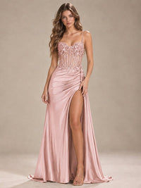 Mermaid Satin Prom Dress with Floral Appliqué Corset and High Slit