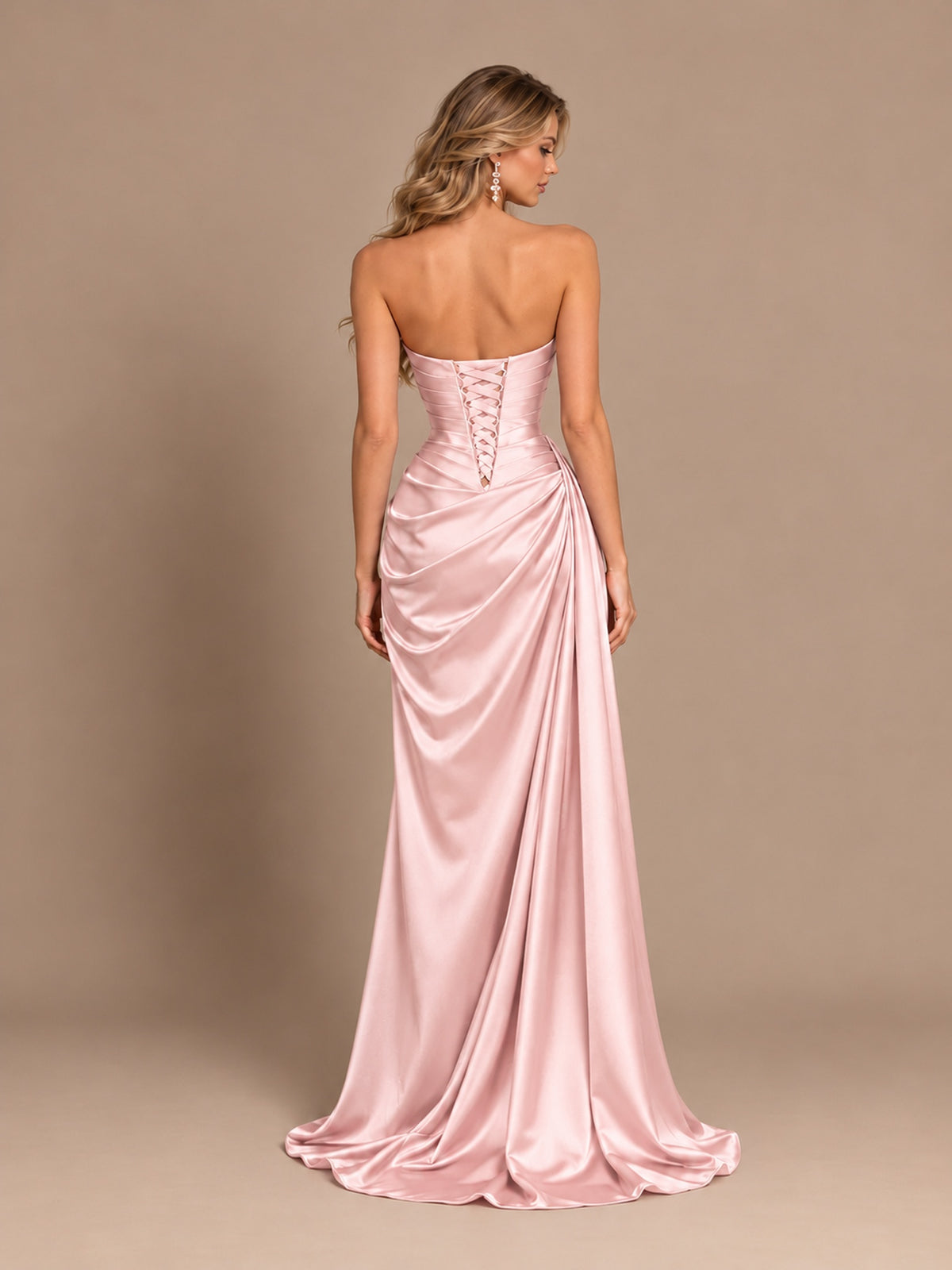 Dusty Blue Strapless Satin Prom Dress with Ruched Bodice and Slit