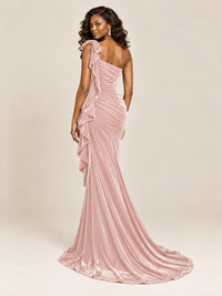 Black Velvet One-Shoulder Mermaid Evening Gown with Bow & Ruffles