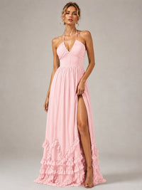 Halter V Neck Chiffon Formal Dress with Lace-Up Back and Ruffle Hem