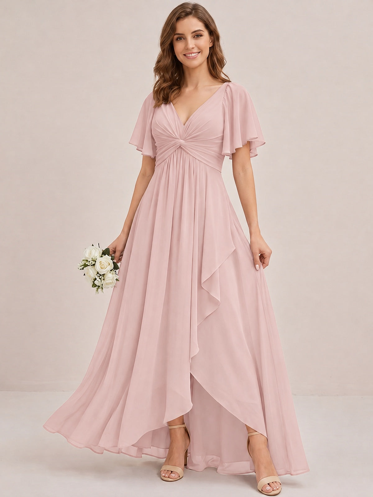 Dusty Blue Chiffon Bridesmaid Dress with Flutter Sleeves & High-Low Hem