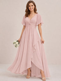 Dusty Blue Chiffon Bridesmaid Dress with Flutter Sleeves & High-Low Hem