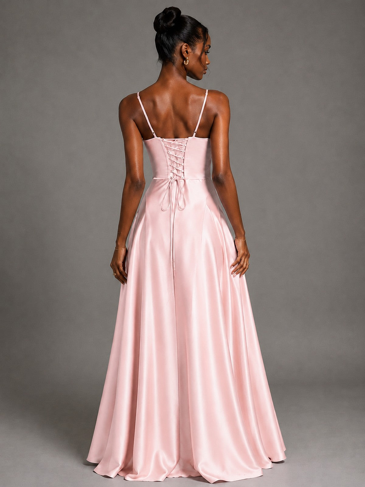 Lavender V Neck Satin Prom Dress with Spaghetti Straps