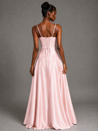 Lavender V Neck Satin Prom Dress with Spaghetti Straps