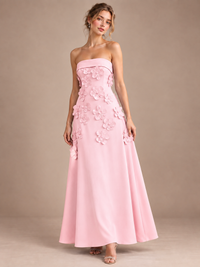Blush Pink Strapless 3D Floral Appliques Maxi Dress