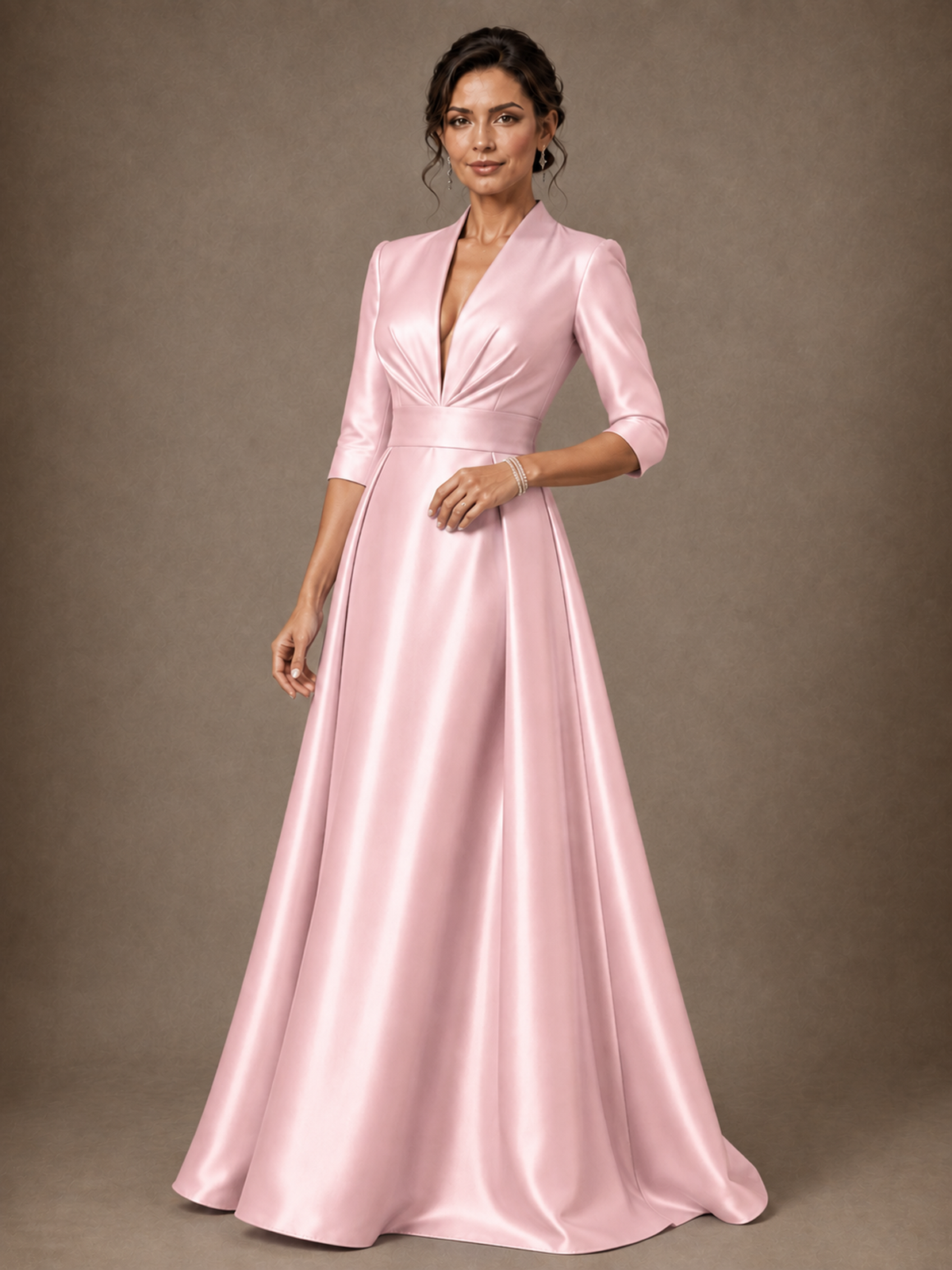 V-Neck Pleated Satin Mother of the Bride Gown with 3/4 Sleeves