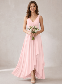 V-Neck High-Low Chiffon Bridesmaid Dress with Ruffles